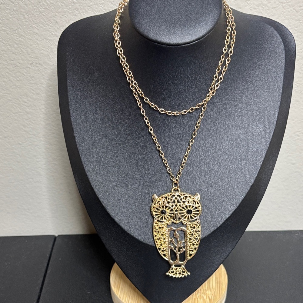 Large Owl Gold Tone Fashion Long Necklace